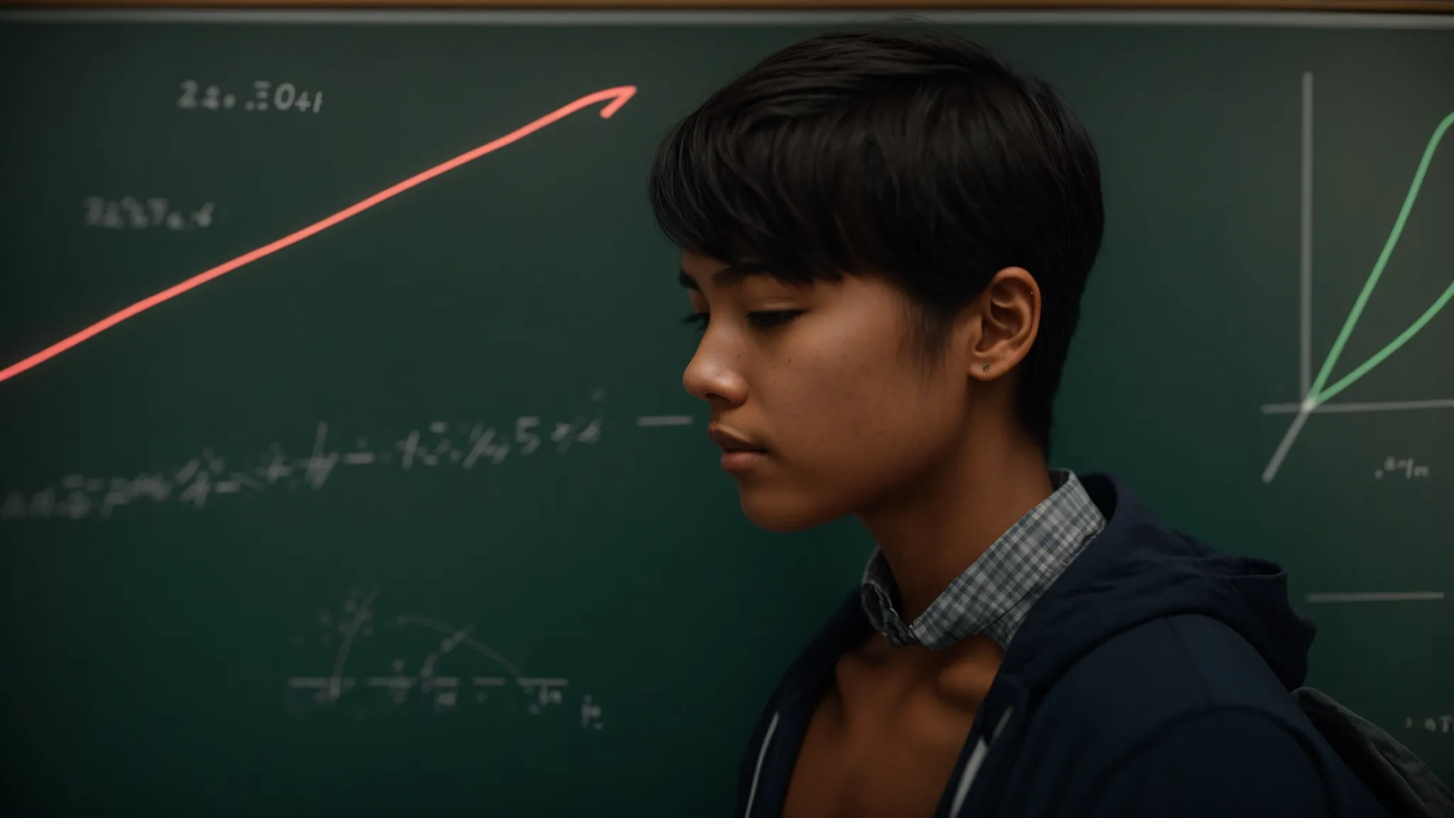 a student intently looks at a chalkboard displaying a straight line graph with two plotted points and a slope indicator.