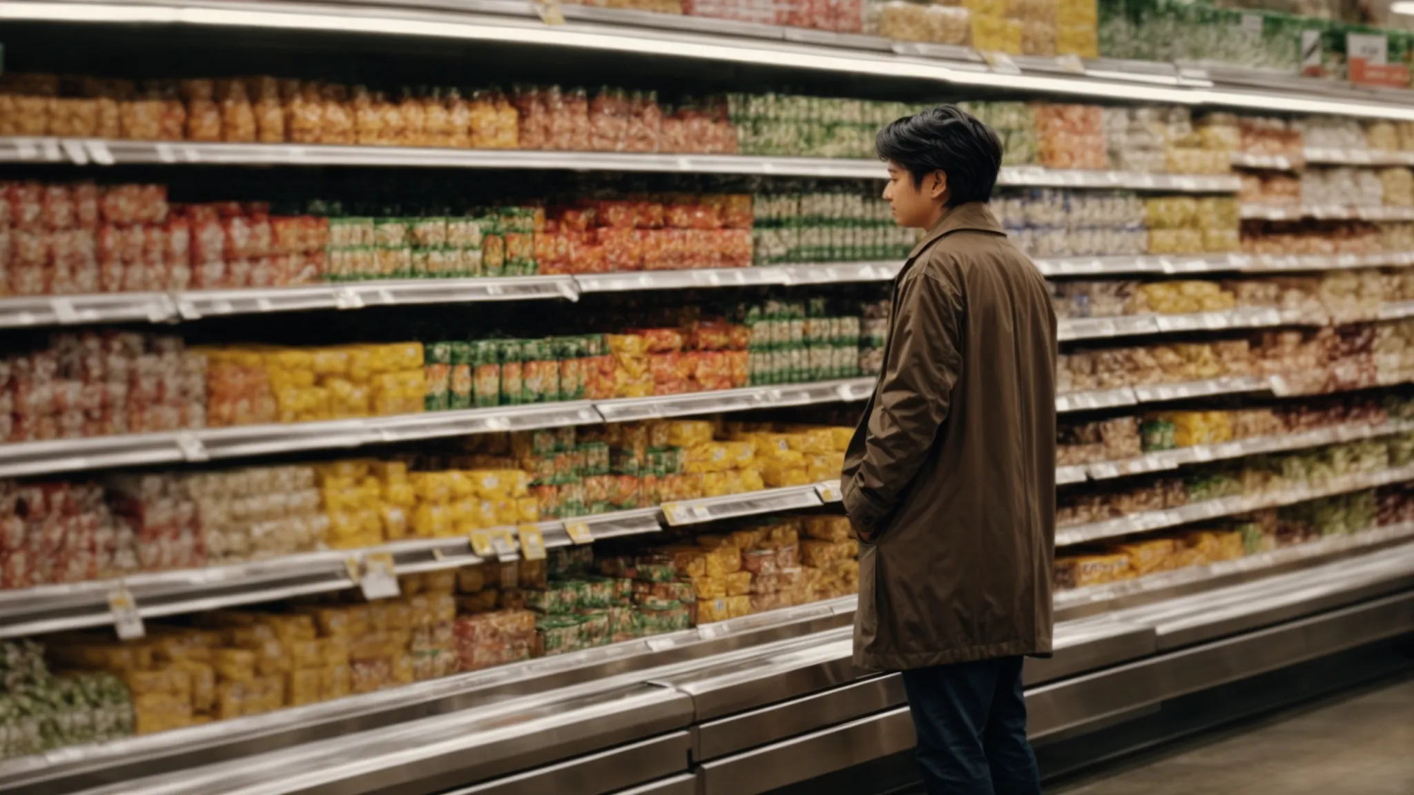 a person stands in front of a large grocery store shelf, comparing prices and quantities.
