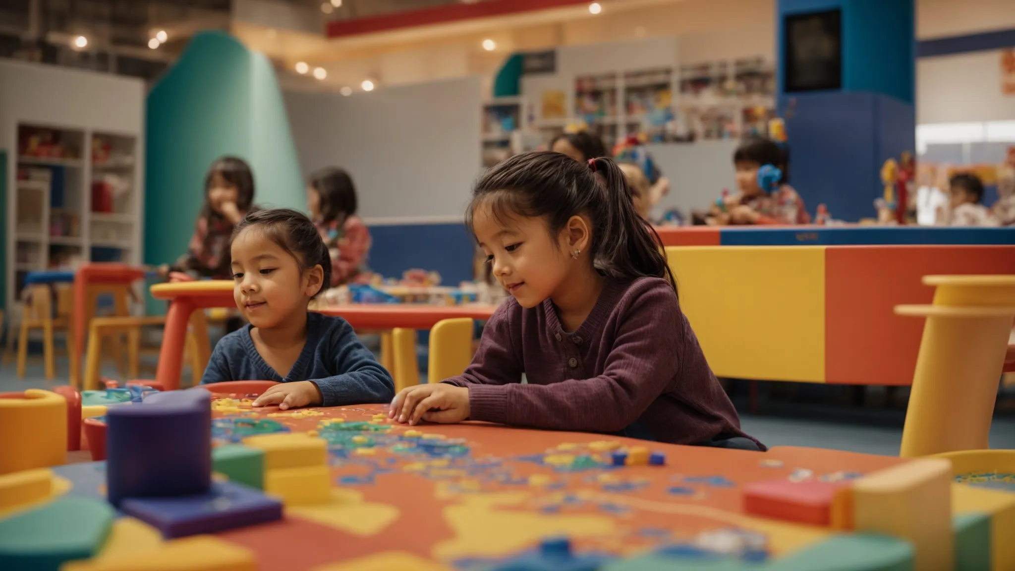 a child and a special education interventionist sit together at a colorful play table engaged in an interactive learning activity.