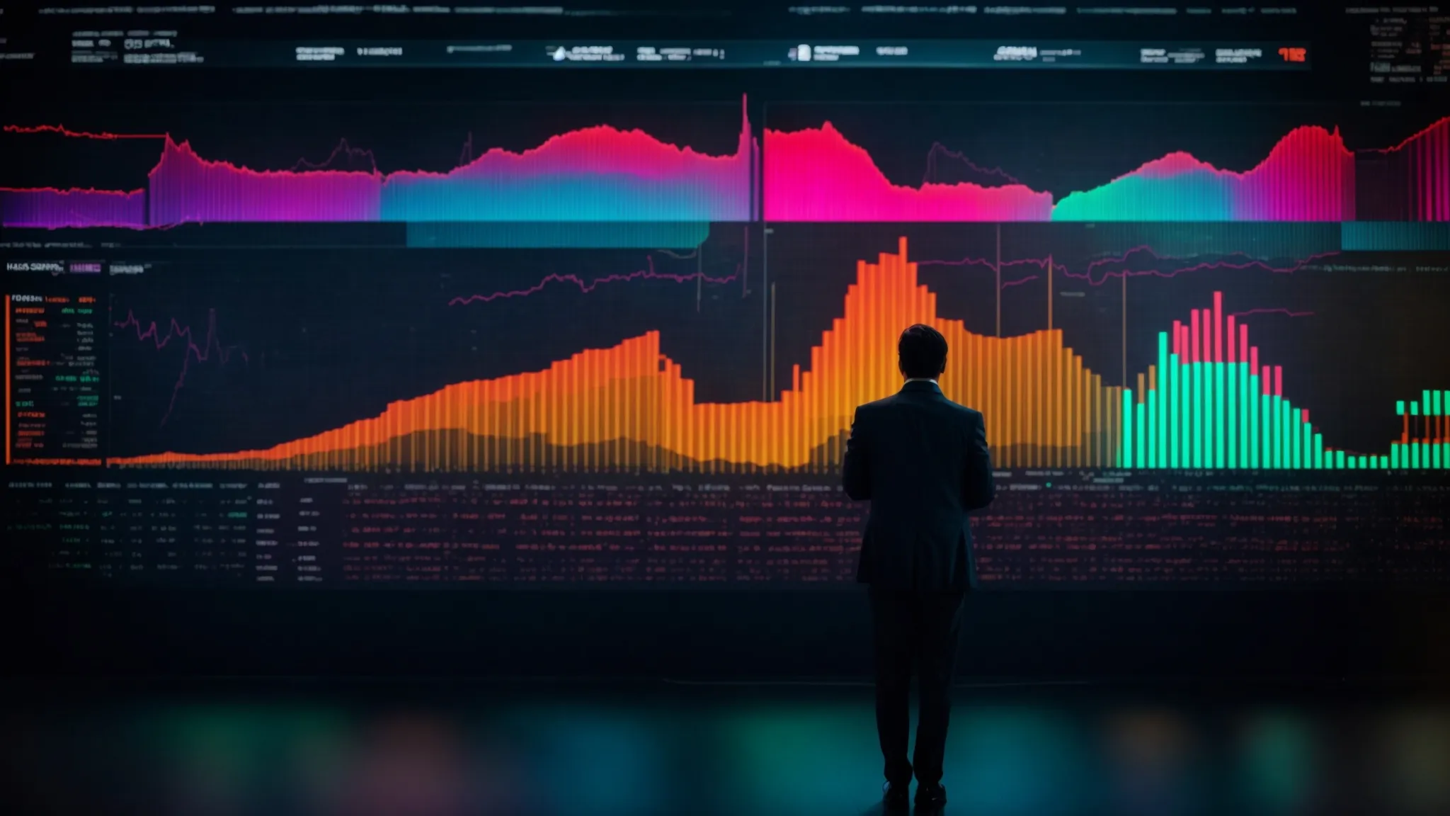 a person examines a large, interactive digital screen displaying colorful graphs and charts.