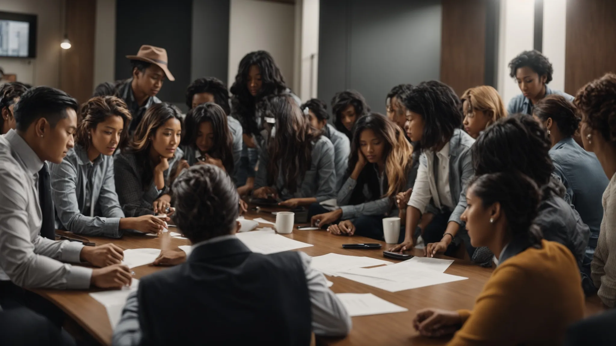 a group of professionals gather around a conference table, actively engaged in a workshop presentation.