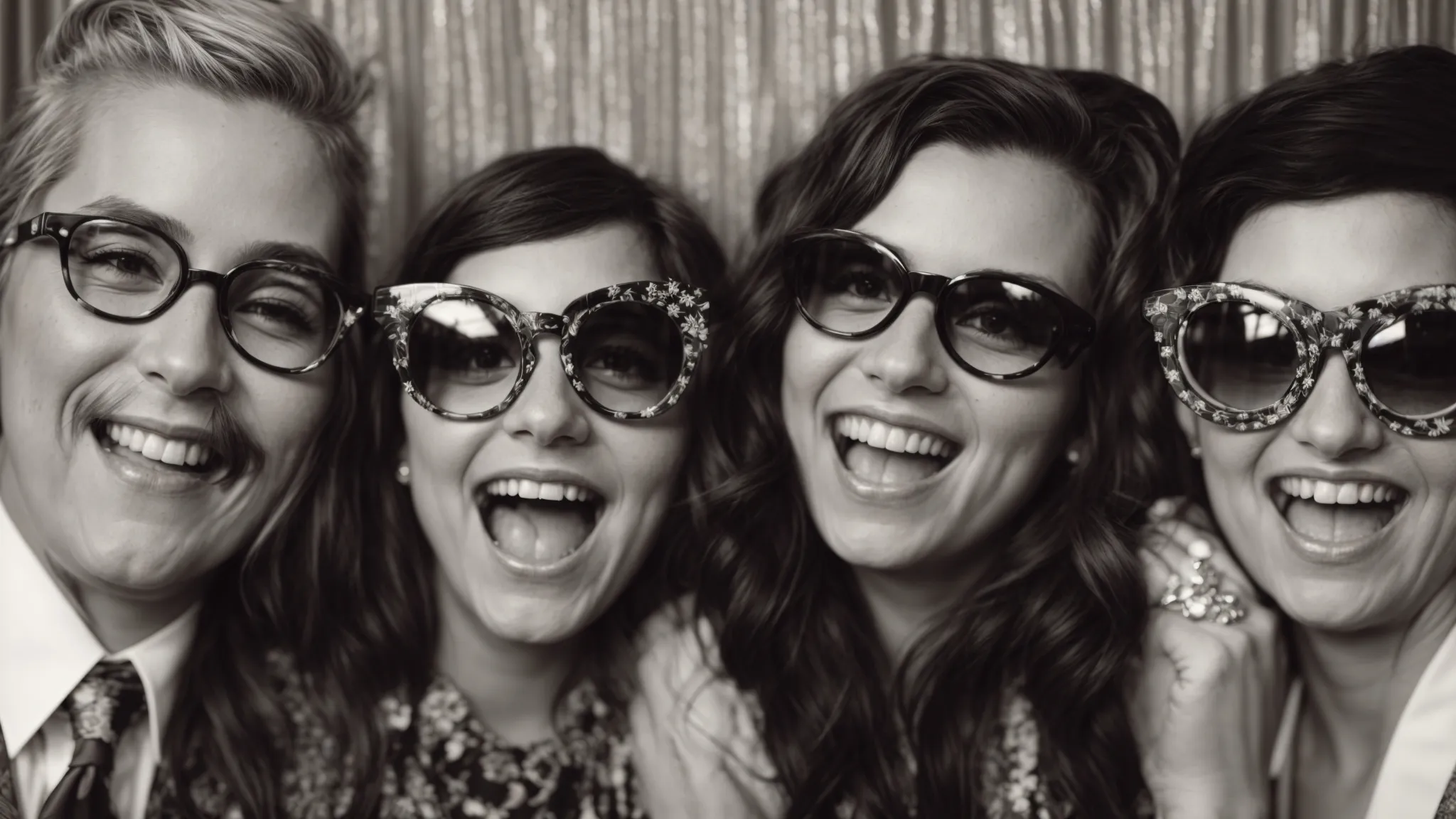 a photo booth at a wedding with guests wearing funny glasses and holding custom printed props amidst laughter.