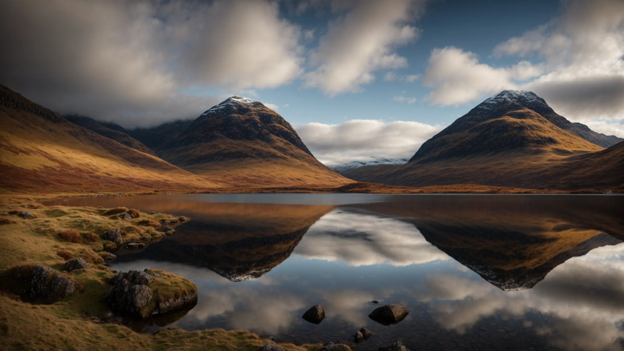 a panoramic view of glencoe showcases majestic mountains under a vast sky, with a clear and serene loch reflecting the surrounding landscape.