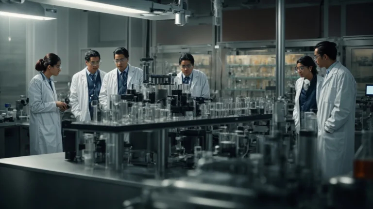 a group of scientists stands pondering over a complex experimental setup in a well-equipped laboratory, indicative of a moment of breakthrough.