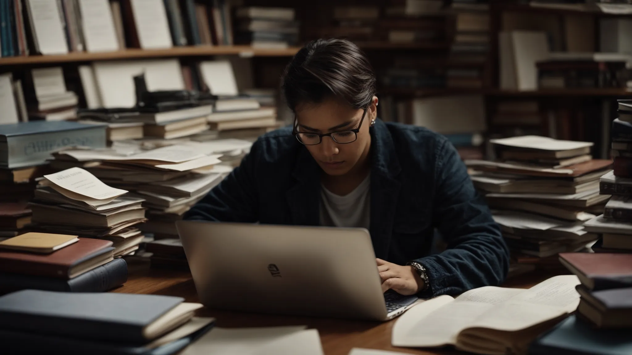a person sitting at a desk with an open laptop, surrounded by books and notes, deeply focused on crafting an article.