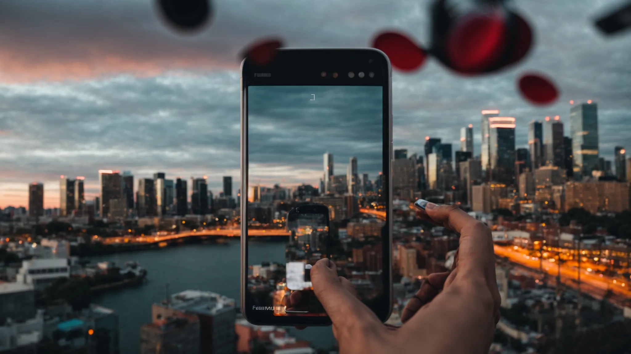 a young person capturing a video with their smartphone, surrounded by a vibrant city backdrop.