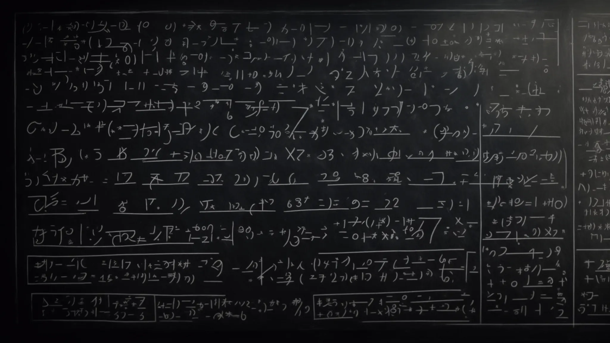 a chalkboard filled with completed algebraic equations and mathematical symbols, indicating a deep dive into complex problem-solving techniques.