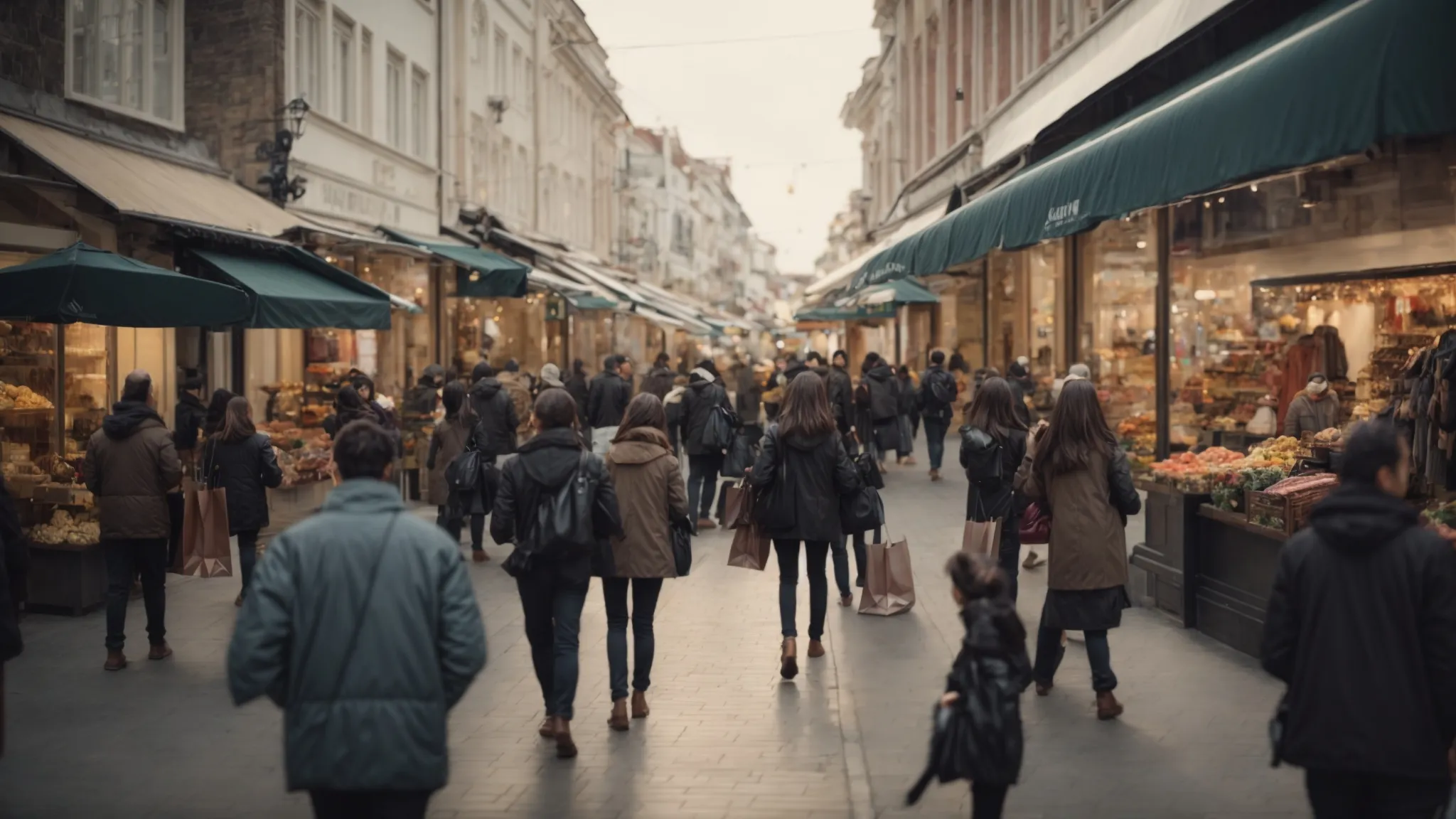 a bustling shopping street transitioning smoothly into a digital interface filled with shopping options.