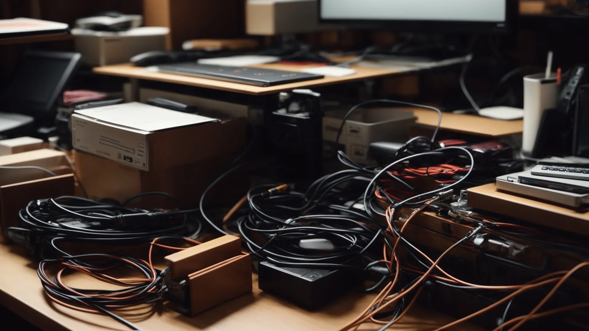 a neatly organized office desk with cables arranged in tidy bundles, avoiding clutter and tangling.