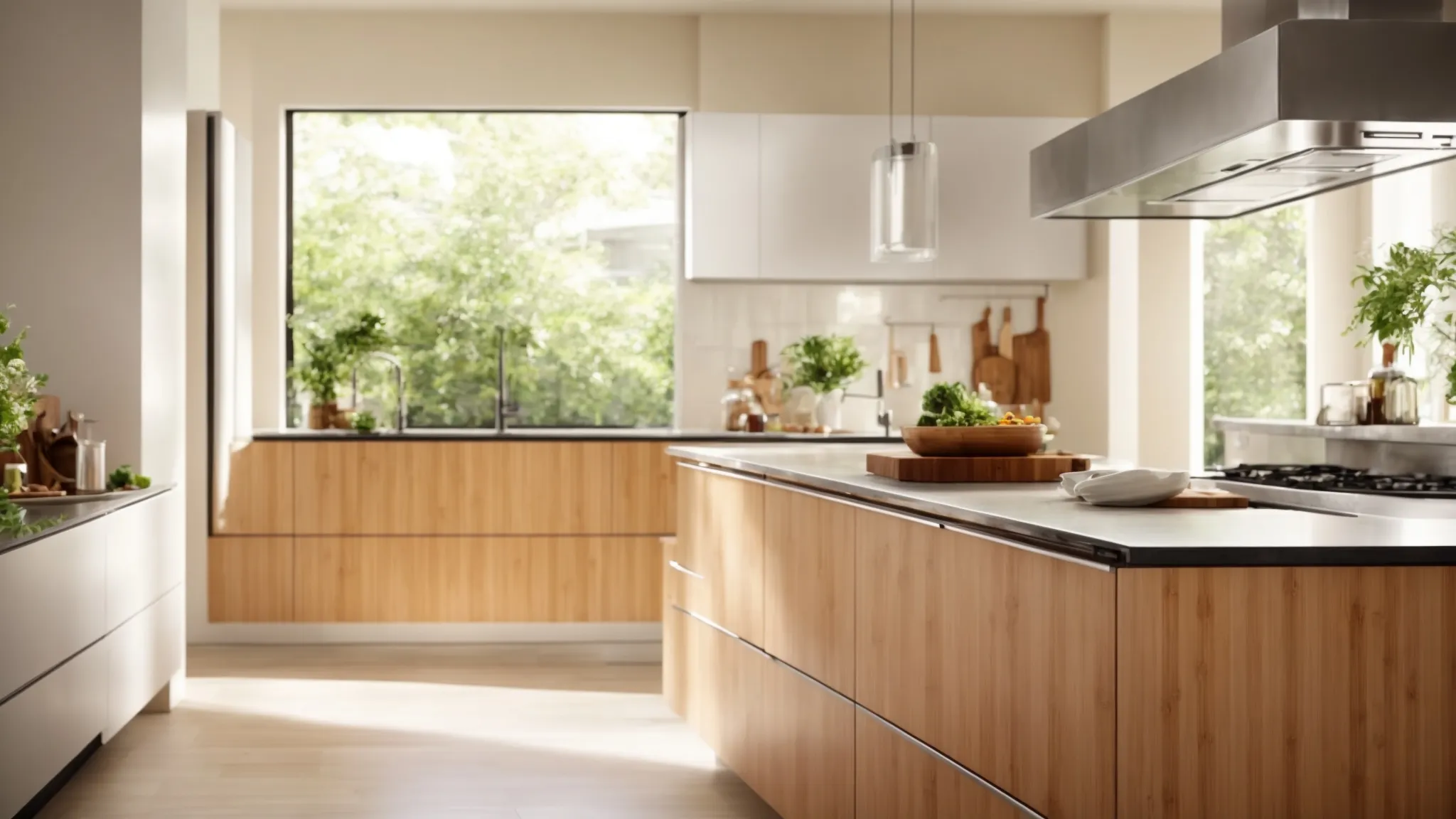 a modern kitchen featuring sleek bio-glass countertops, bamboo cabinetry, and linoleum flooring, all bathed in natural light.