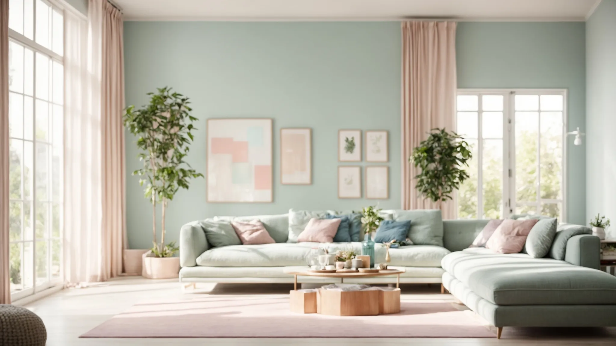 a bright, spacious living room painted in soothing pastel colors with large windows allowing natural light to enhance the calm and serene ambiance.