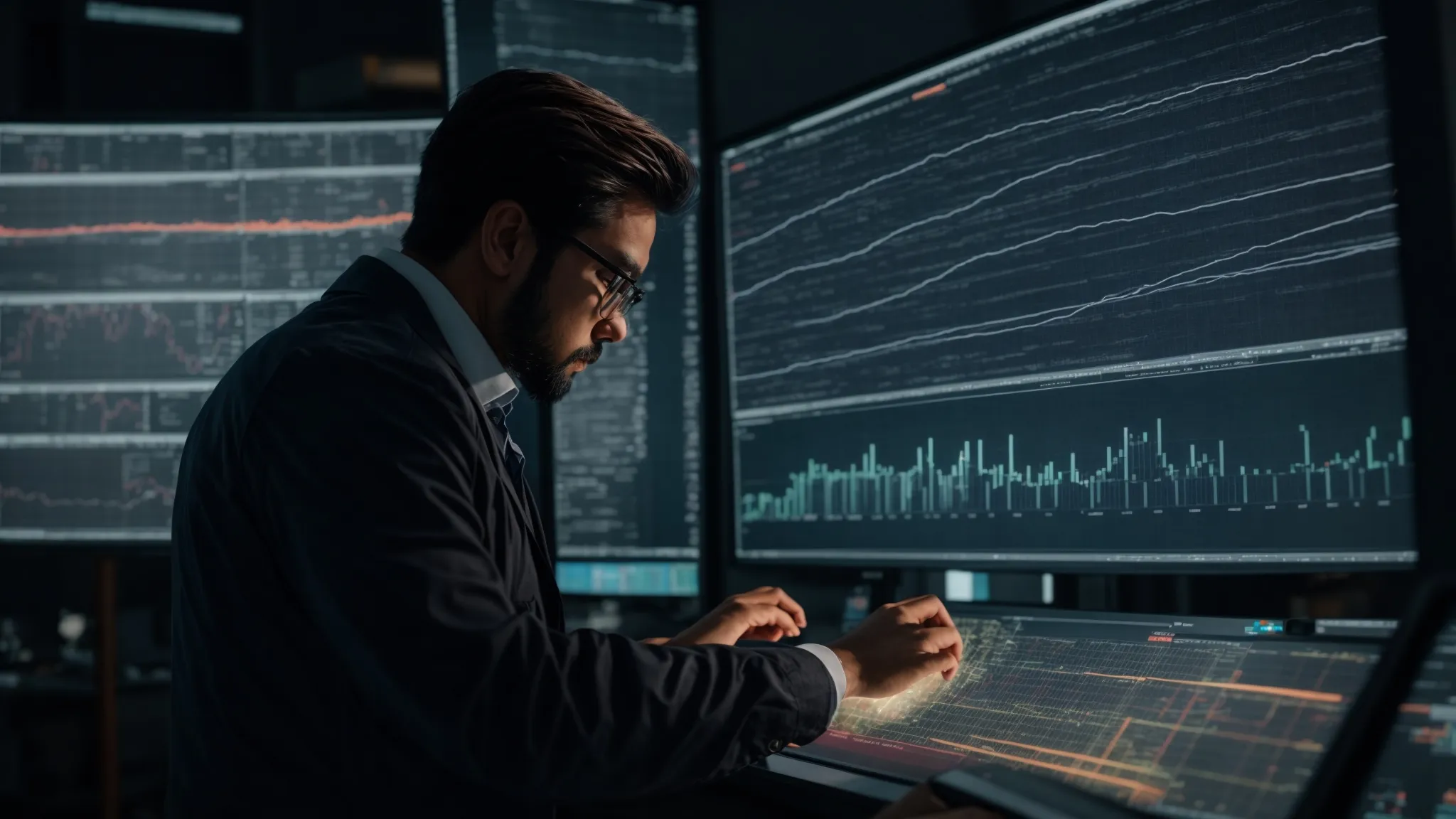 a scientist intently examines a series of intricate graphs and charts displayed on a large monitor, revealing patterns and predictions.
