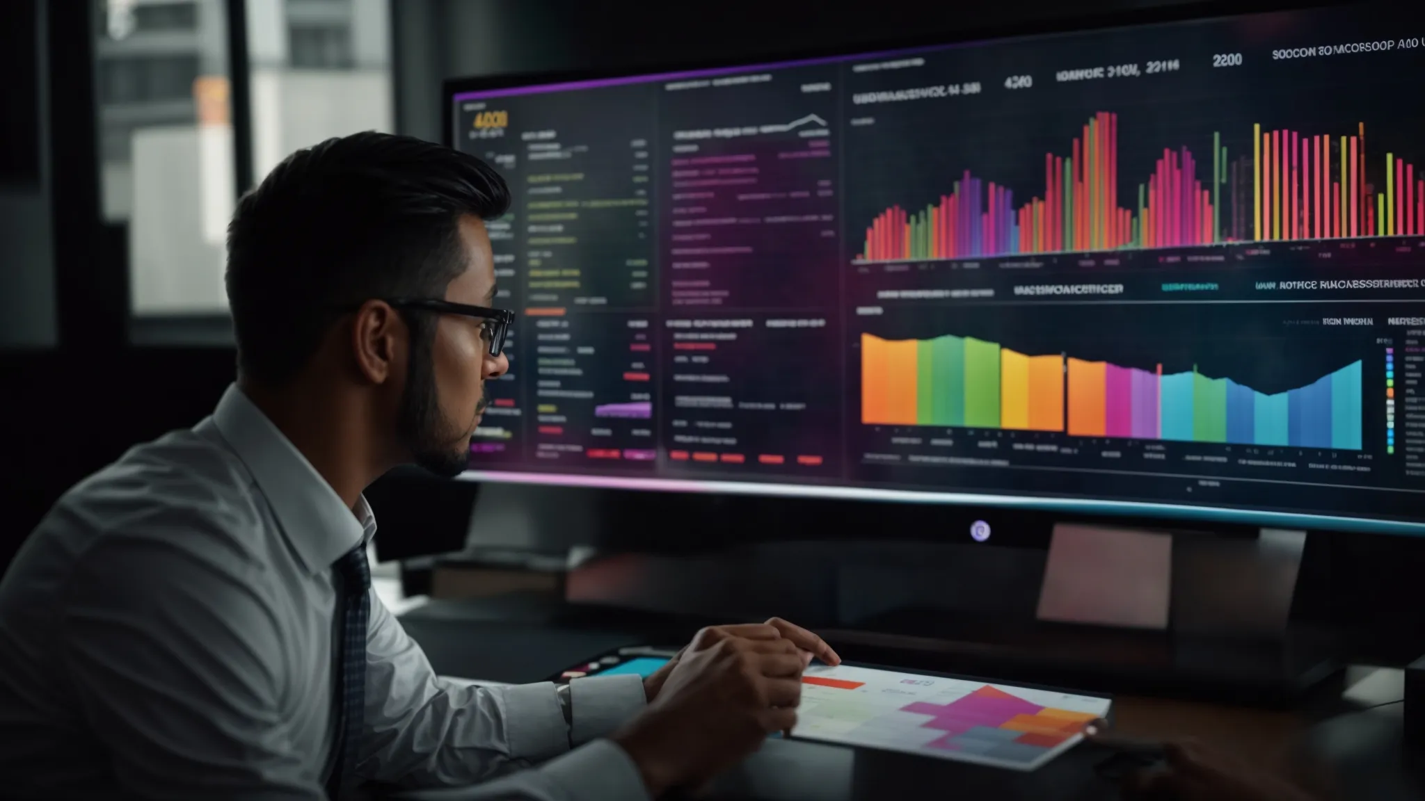 a business professional reviews a colorful analytics dashboard on a computer screen, showing various metrics and graphs.
