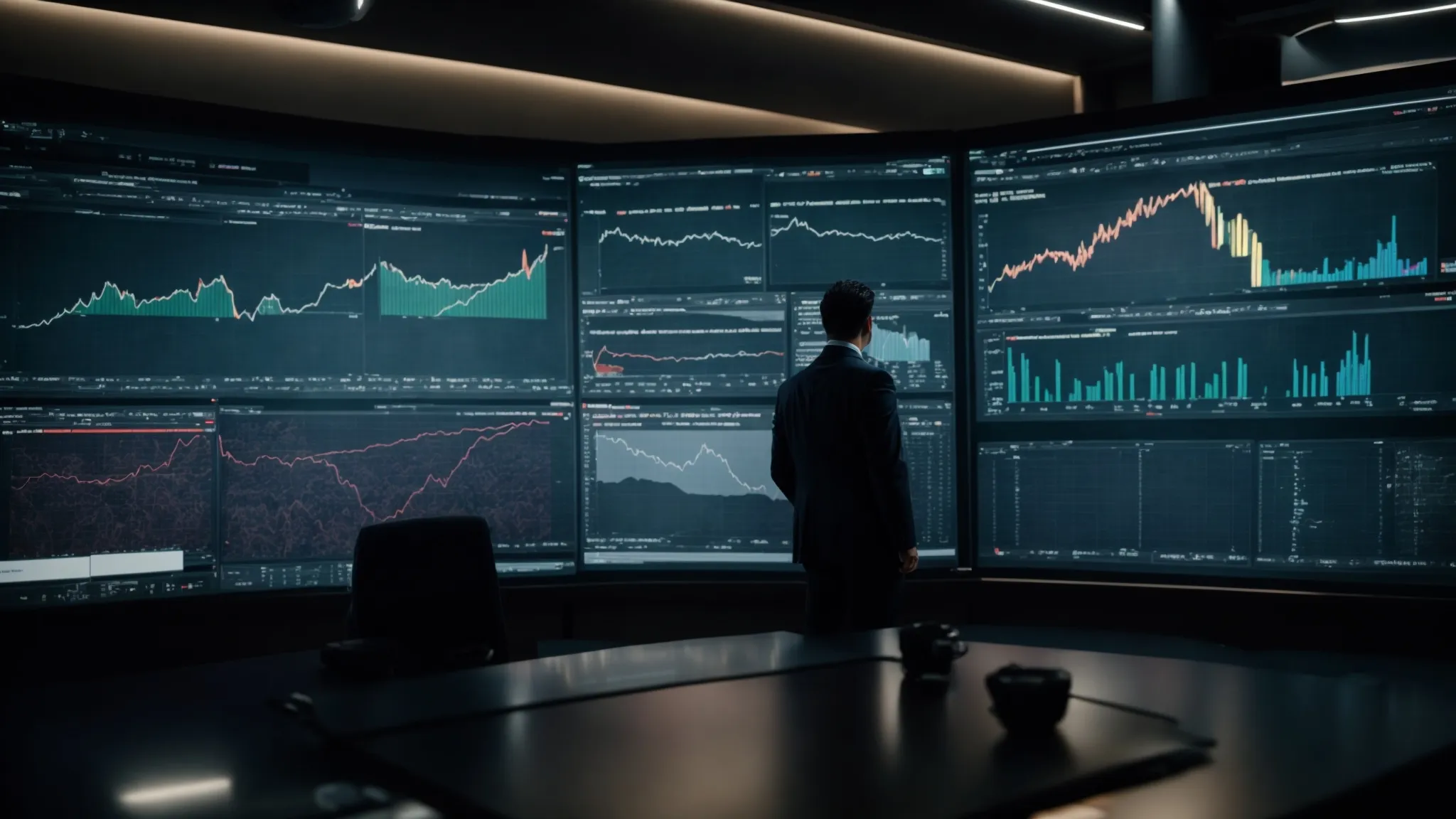 a strategist reviews analytics on a large screen, highlighting social media trends.