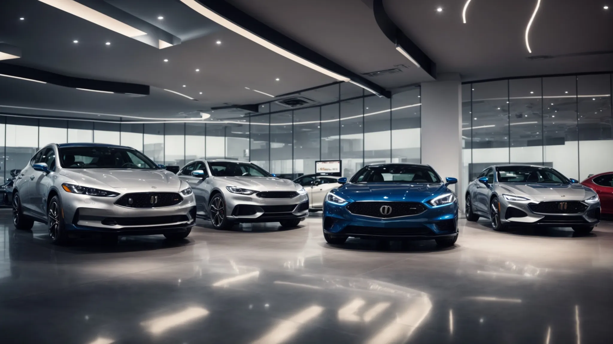 a spacious, modern car dealership showroom with a few sleek cars on display and digital screens showcasing vehicle features.