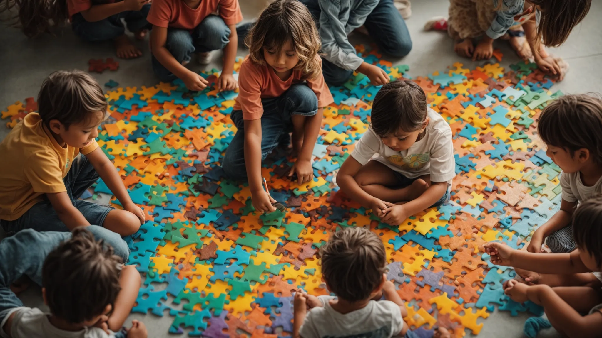 children gather around a colorful puzzle on the floor, working together to fit the pieces.
