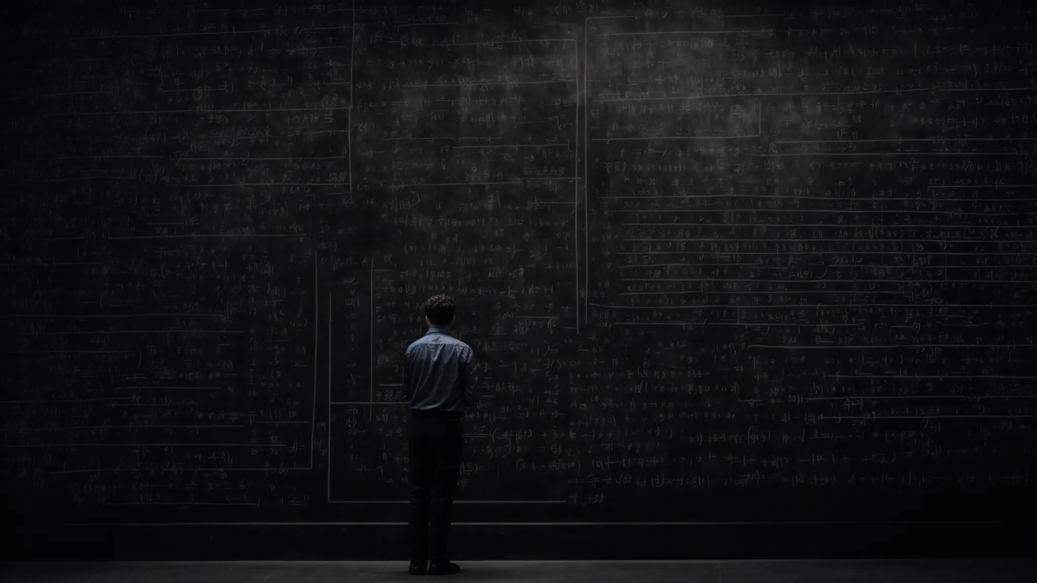 a person standing before a large blackboard covered in complex mathematical equations, visibly engaged in solving them step by step.