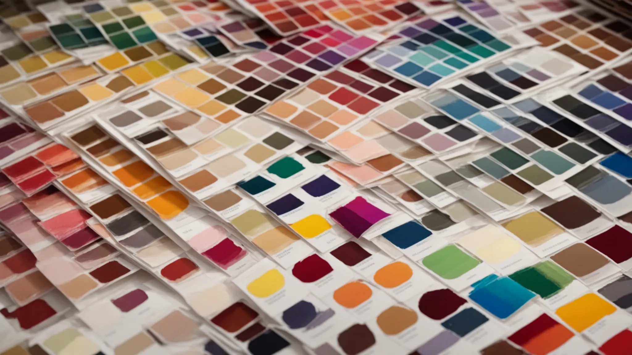 a colorful array of paint swatches spread across a table in a well-lit store.