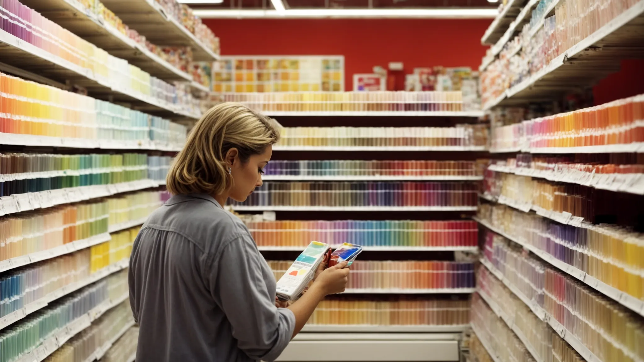 a shopper examines vibrant paint swatches in a bright, well-organized florida paint store.
