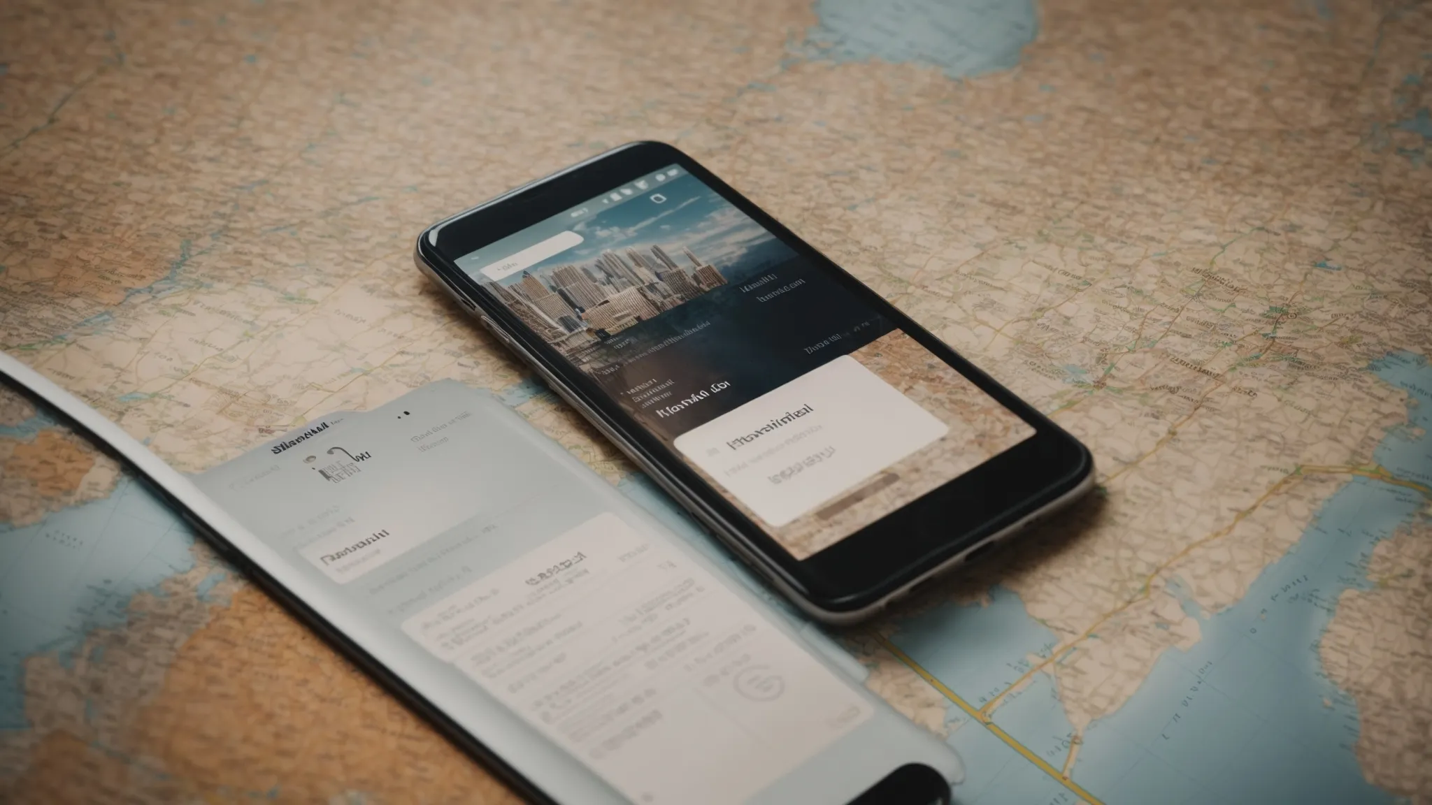 a smartphone rests on a map strewn with local landmarks and business cards.