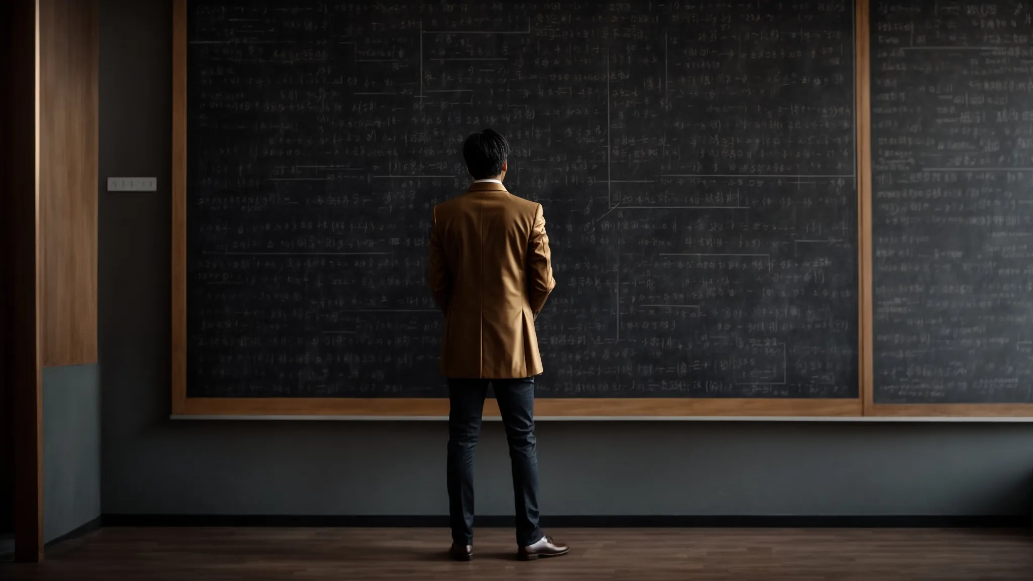 a person stands before a large chalkboard, covered in complex mathematical equations linking geometric shapes to financial graphs.