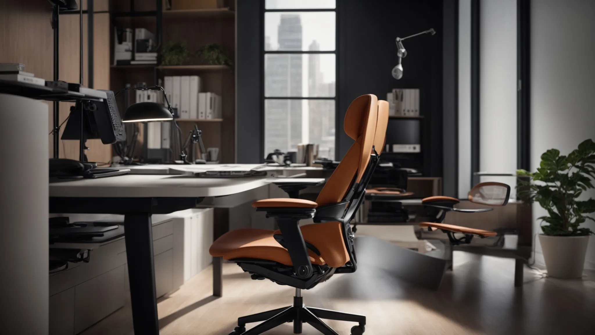 an ergonomic chair and desk are centrally positioned in a well-lit office space, surrounded by adjustable monitors and supportive footrests to foster optimal comfort and productivity.