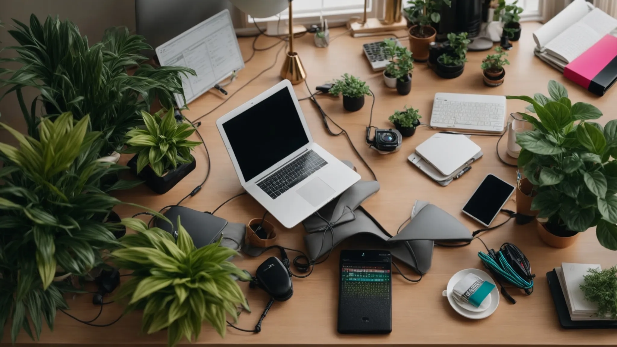 a neatly arranged desk with colorful cable sleeves intertwining with plants and office accessories, creating an inviting workspace.