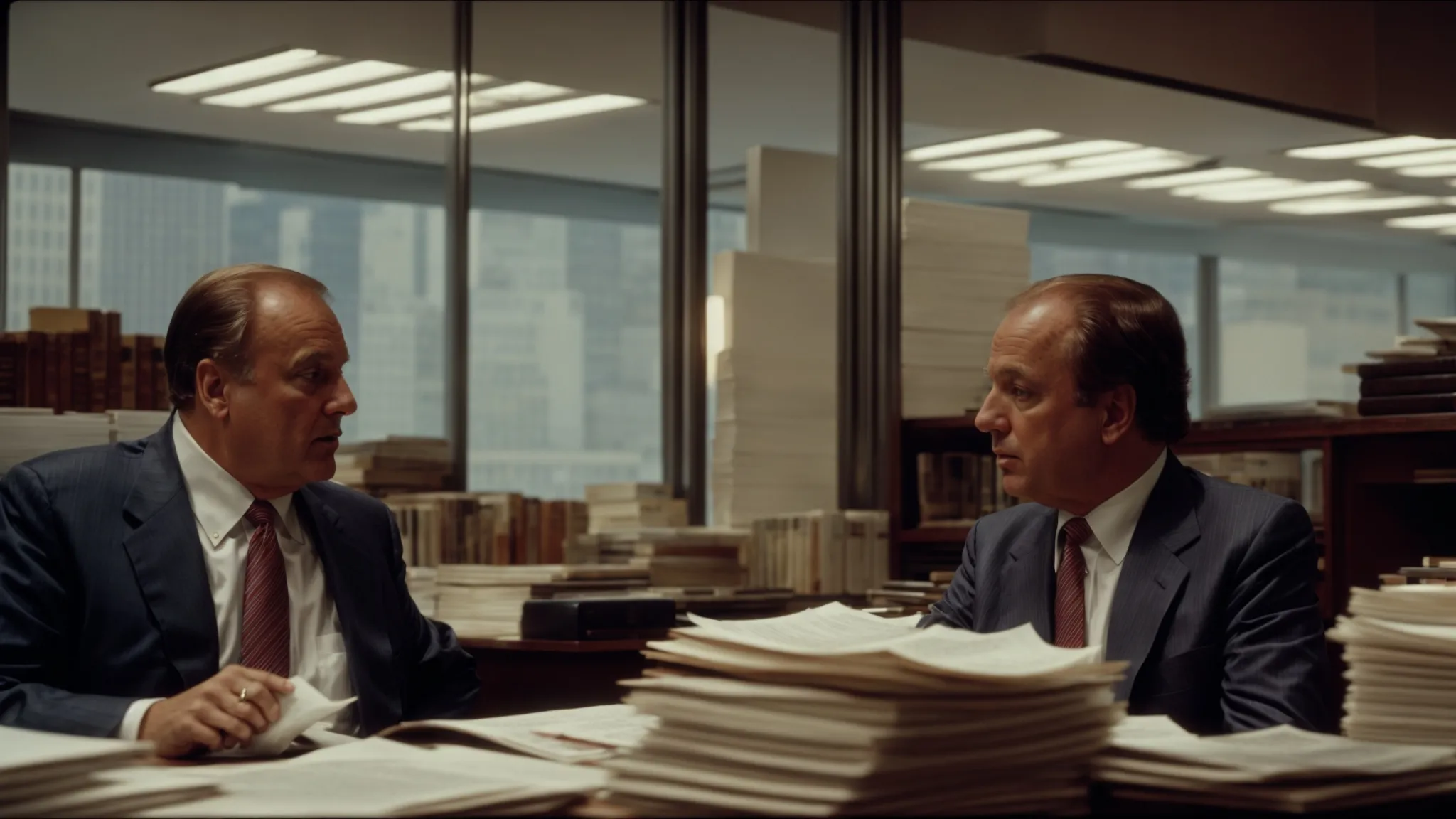 donald trump and roy cohn deeply engaged in conversation in a bustling 1970s new york office, surrounded by towering stacks of documents and city blueprints.