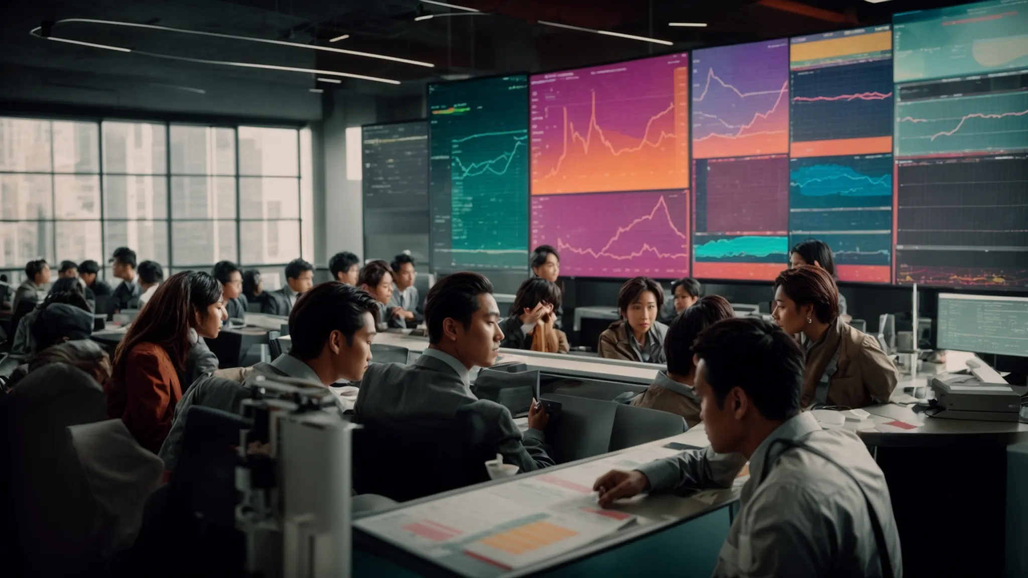 a group of people is gathered around a computer screen displaying colorful graphs and charts.