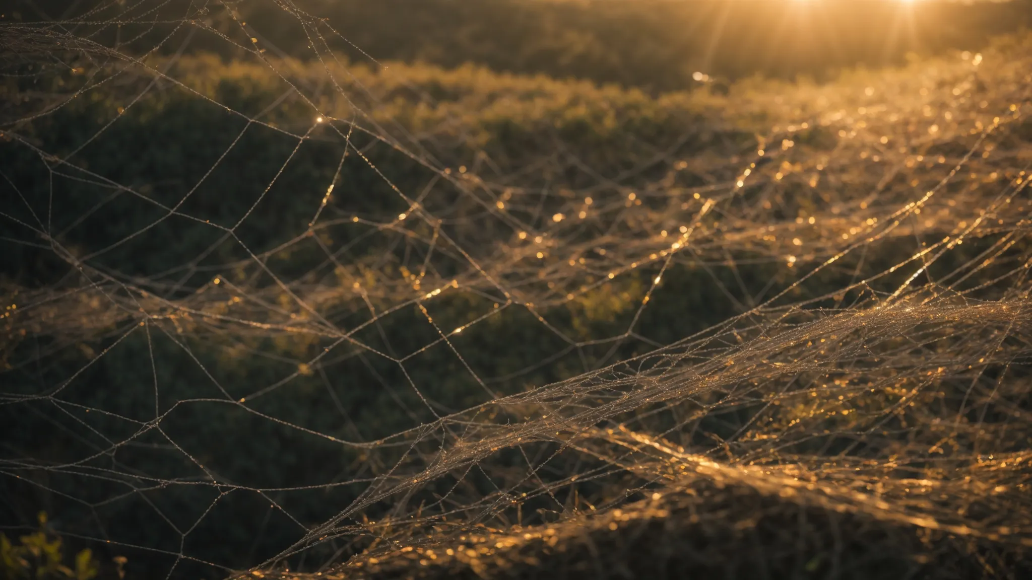 a panoramic view of interconnected webs glistening in the morning sun, showcasing an intricate network.