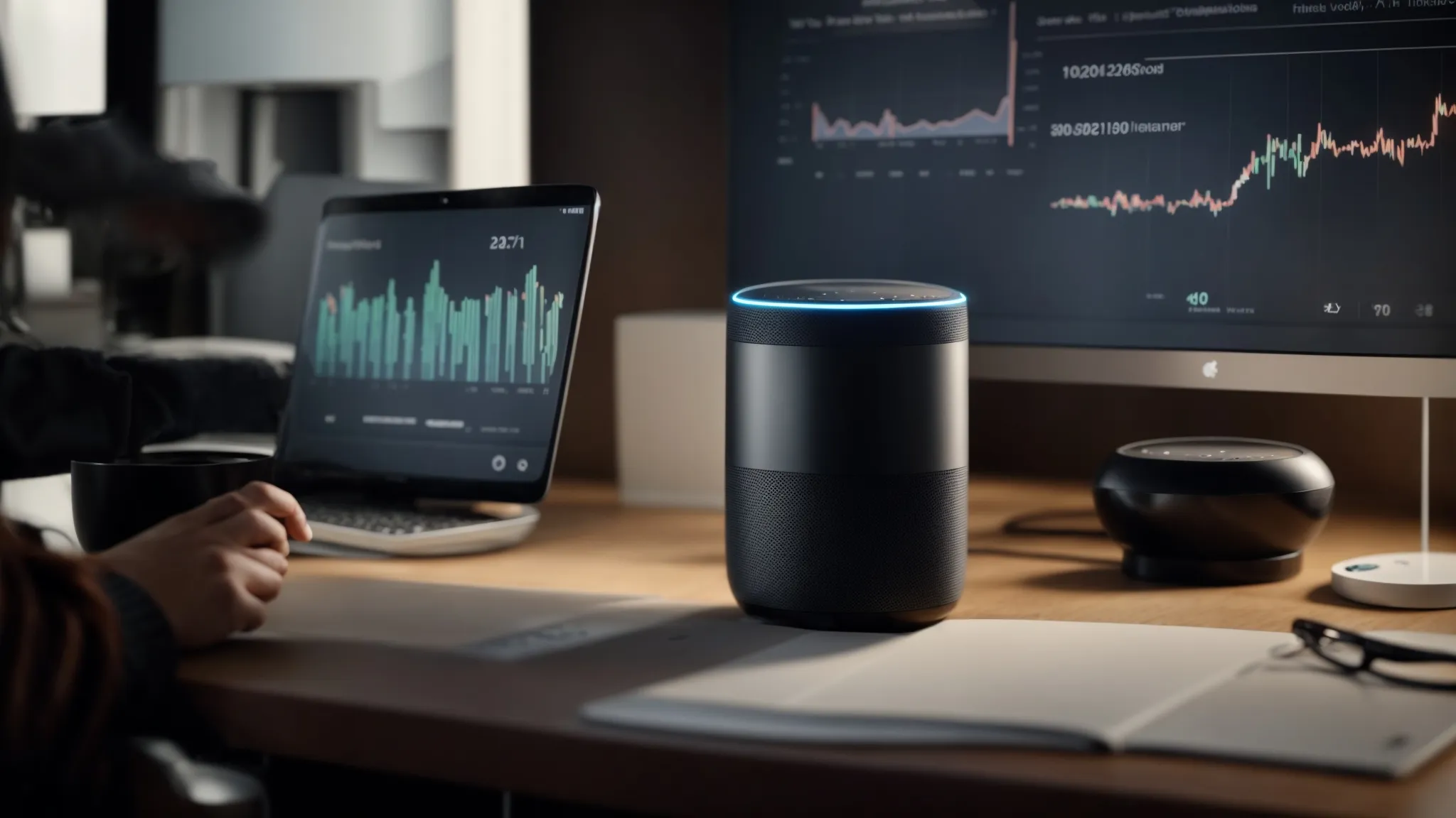 a person speaking into a smart speaker on a desk, surrounded by graphs and charts illustrating voice search trends.