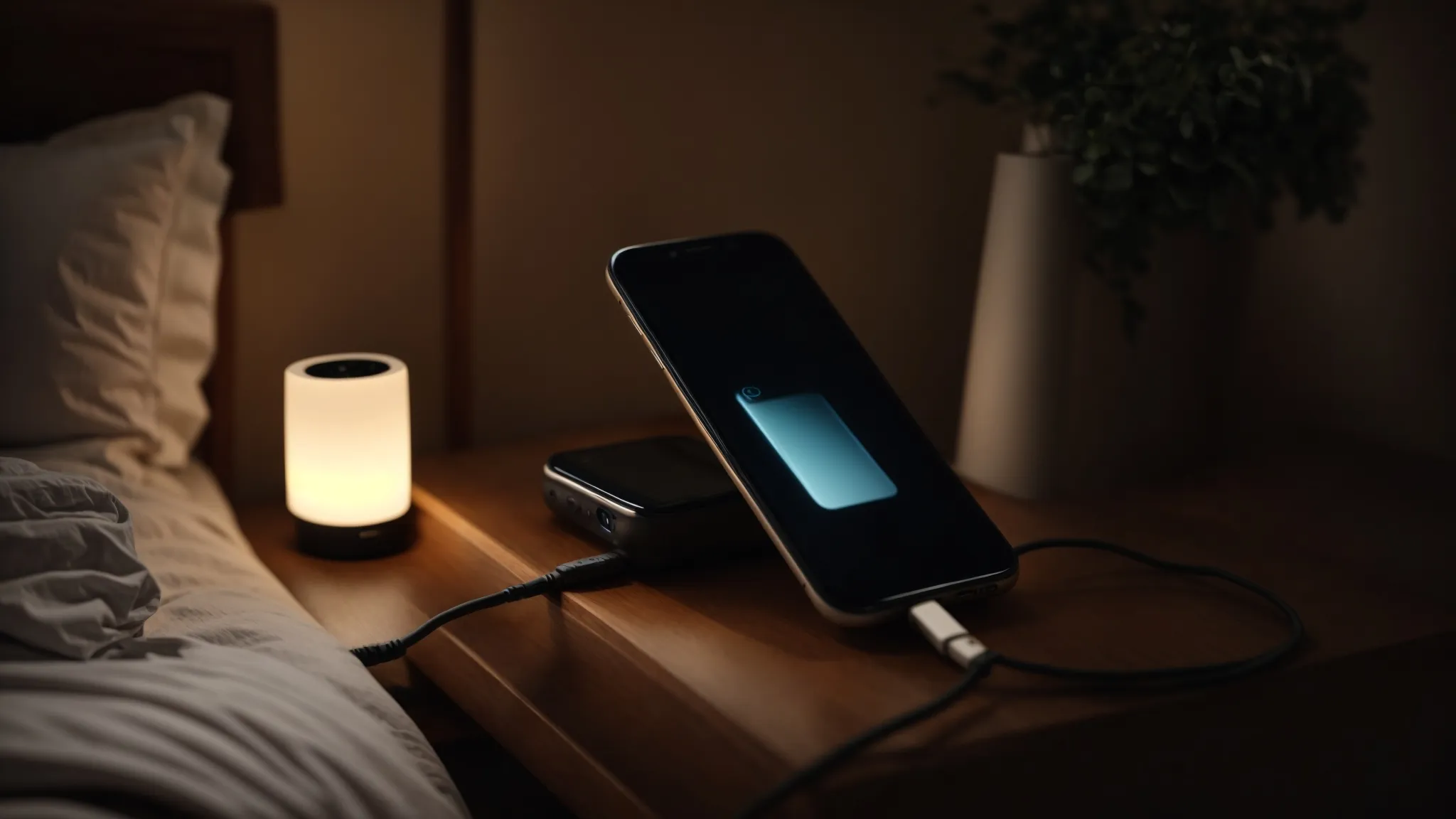 a smartphone plugged into a charger on a nightstand next to a dimly lit lamp.