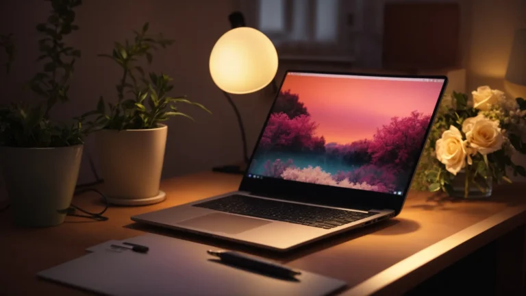 a laptop open on a desk illuminated by the soft glow of a nearby lamp, with a vase of flowers adding a splash of color.
