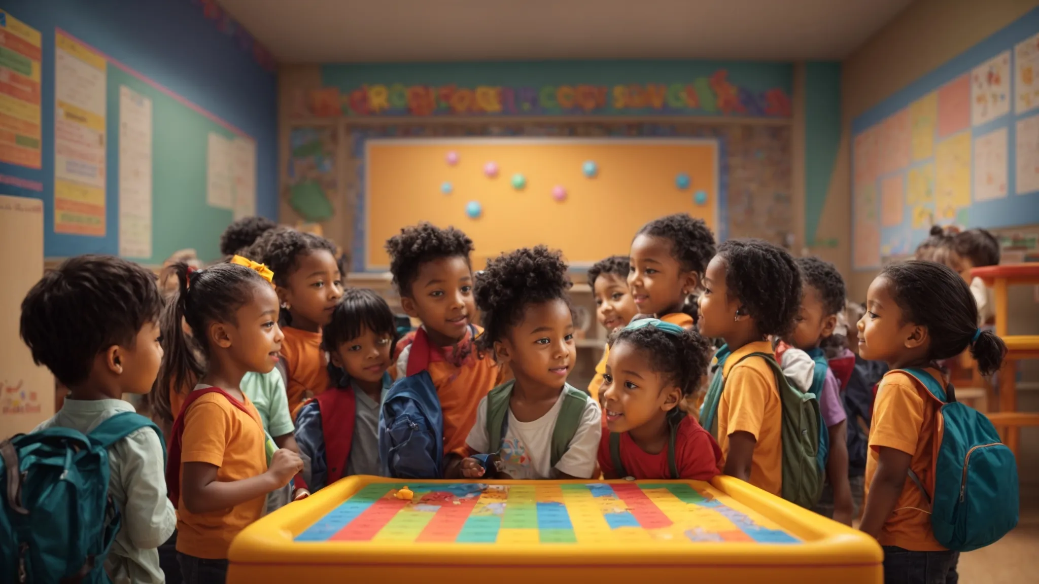 a classroom with diverse young children gathered around an interactive digital learning display, exploring a colorful educational game together.
