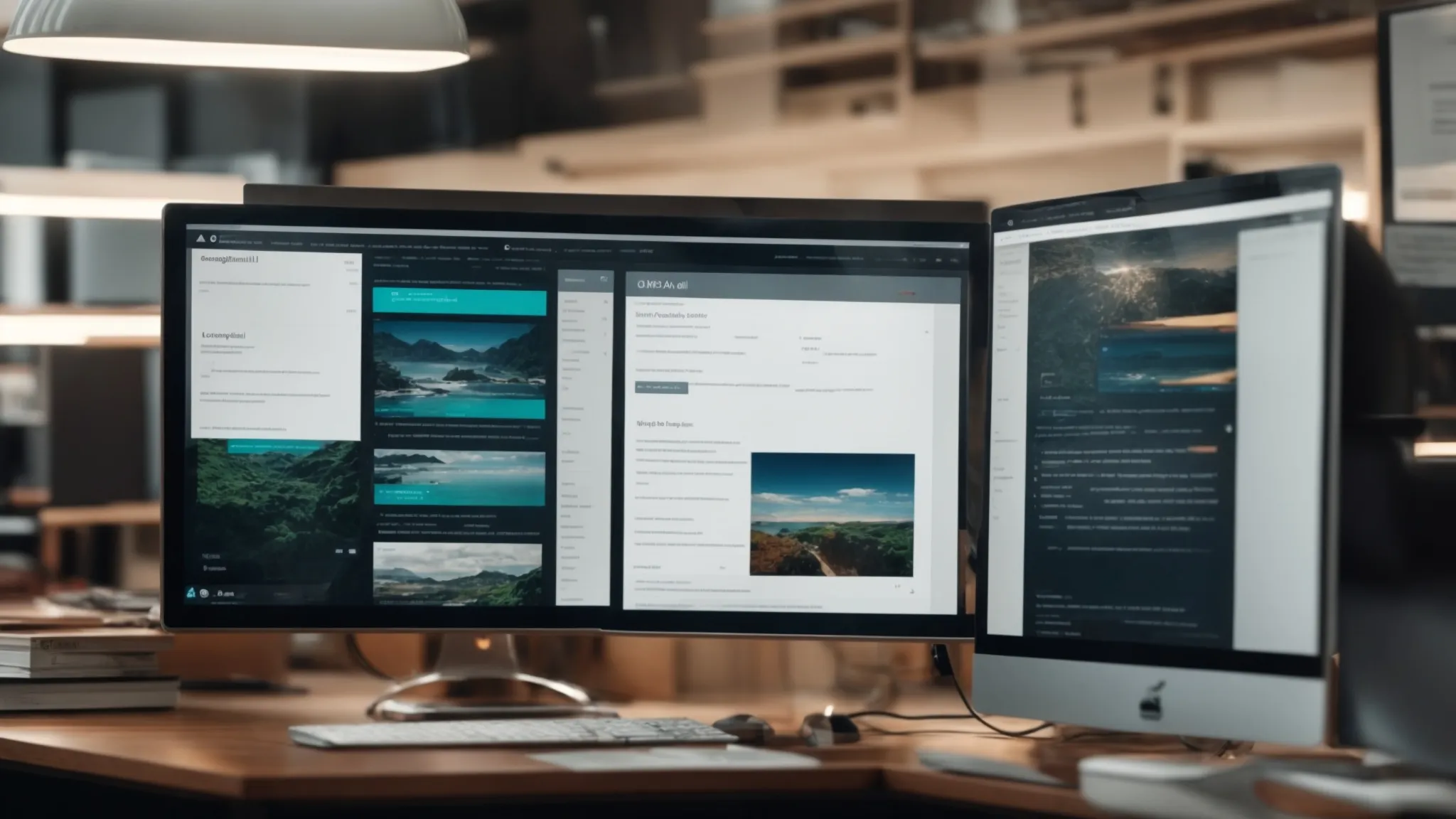 two computer screens displaying different versions of an email layout side by side in a bright office.