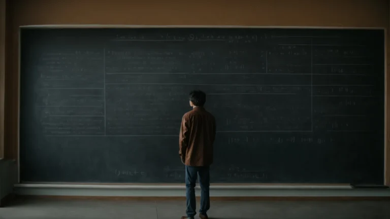 a student stands in front of a wide blackboard filled with simple linear equations, holding a piece of chalk.