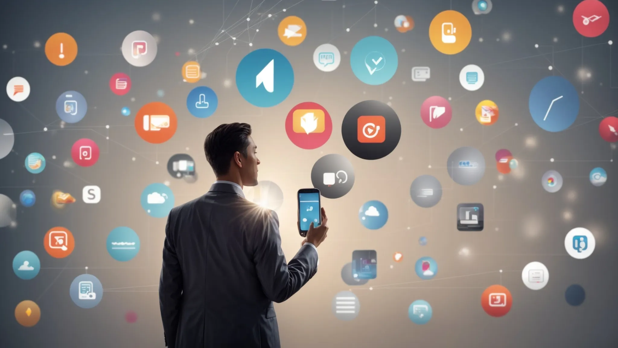 a person speaking to a smartphone using voice search while surrounded by marketing strategy icons floating in the air.