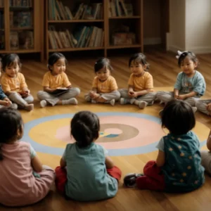 a group of toddlers sitting in a circle, enthusiastically listening to a teacher reading a storybook.