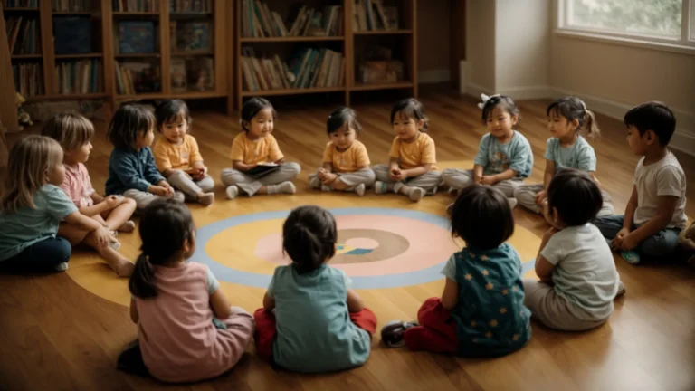 a group of toddlers sitting in a circle, enthusiastically listening to a teacher reading a storybook.