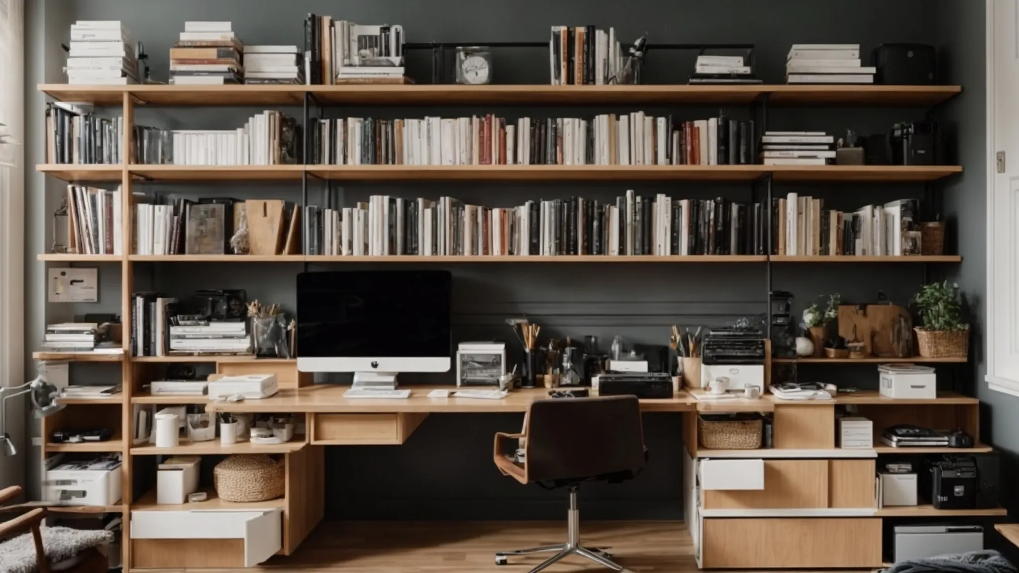 a well-organized home office with wall-mounted shelves filled with neatly arranged books and storage boxes, and a clear desk with a computer, emphasizing a spacious and clutter-free environment.