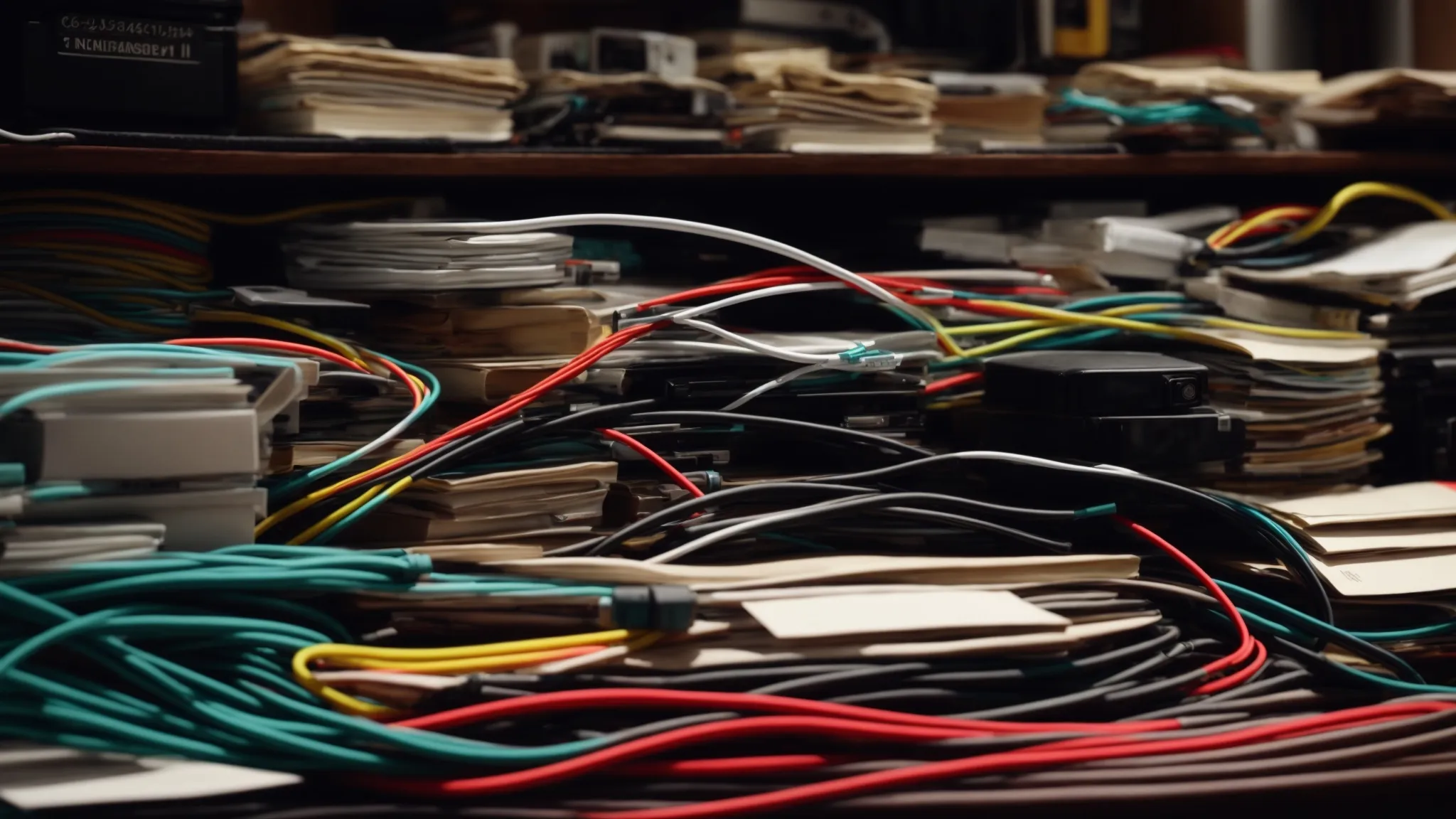 a clutter-free desk with neatly arranged cables running along the edges and bundled together with color-coded tags.
