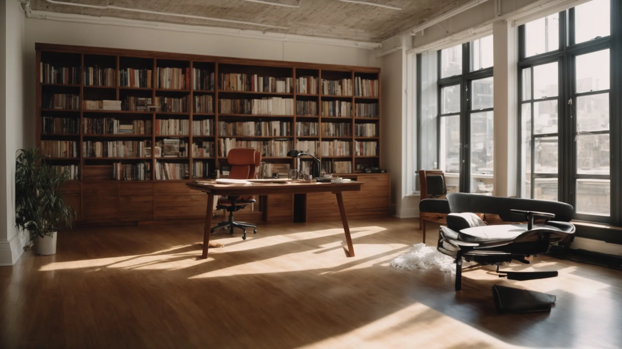 a spacious, well-lit room with a desk facing a large window, surrounded by shelves and a comfortable chair.