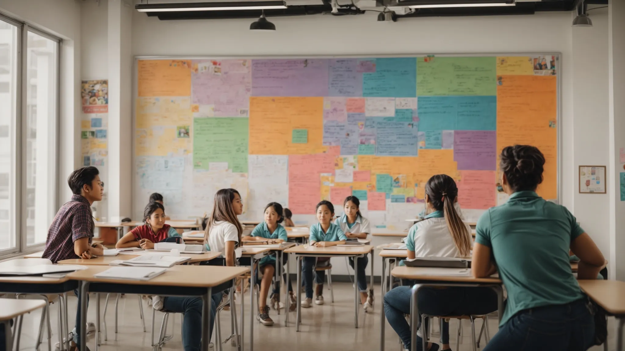 a classroom with a large, colorful concept map covering the entire whiteboard, surrounded by engaged students.