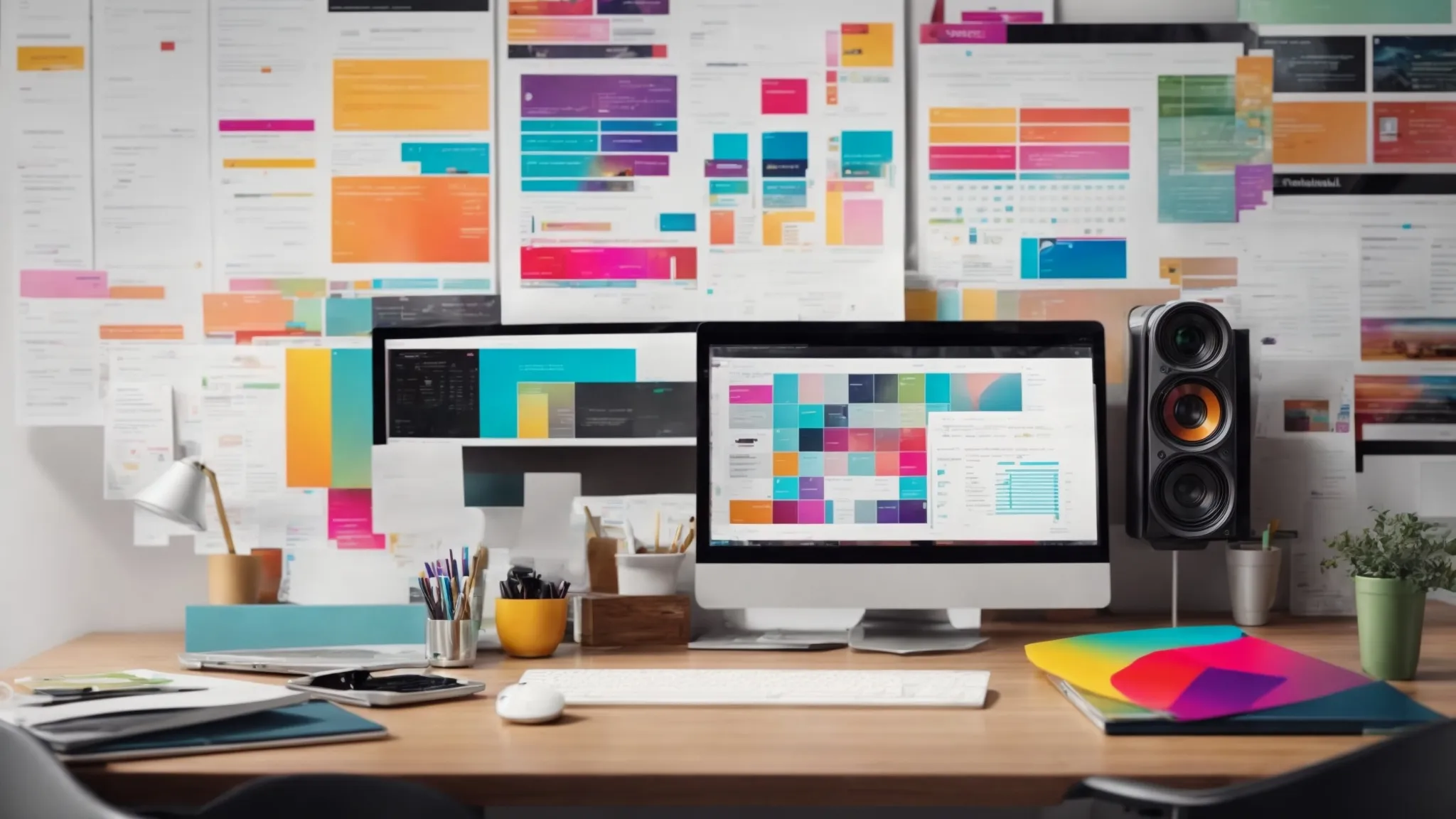 a modern workspace with a computer displaying a colorful, engaging infographic, surrounded by notes and a camera, highlighting a creative content marketing process.