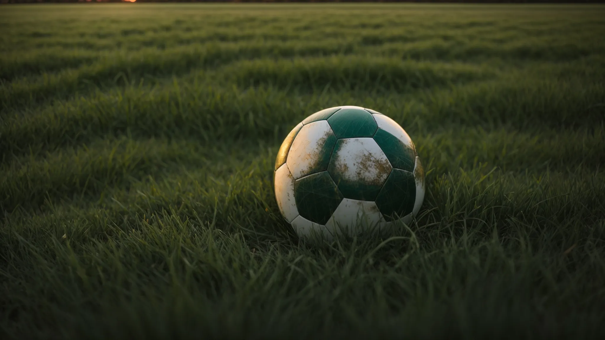 a worn-out soccer ball rests on a lush green field at dusk, symbolizing the quiet end to a day of rigorous training and the unseen efforts in nutrition and recovery.