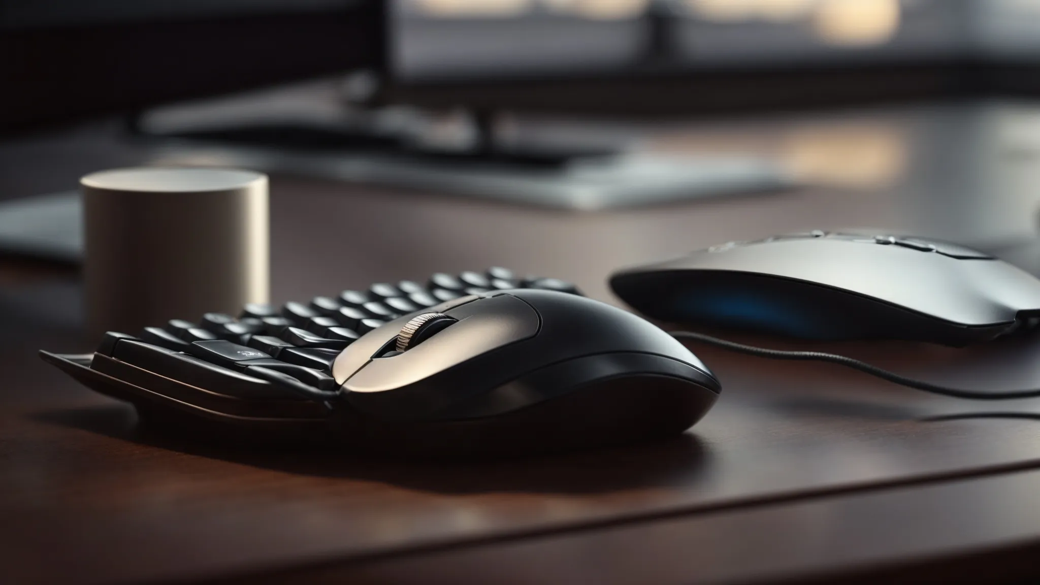 an ergonomic keyboard and mouse sit centrally on a tidy desk, poised for use in a well-lit office space.