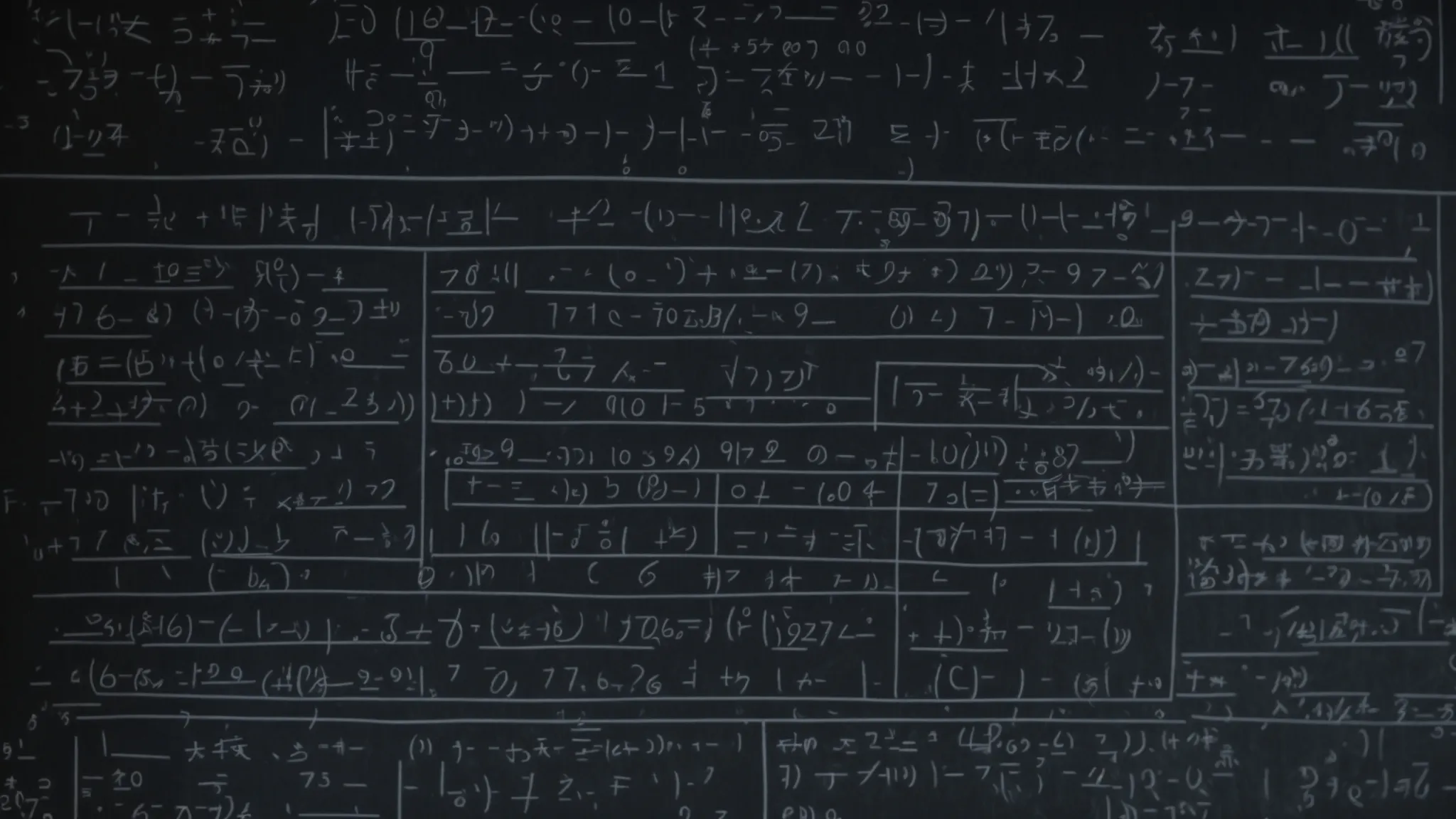 a clear chalkboard covered in a variety of algebraic equations, highlighting a prominent straight line graph.