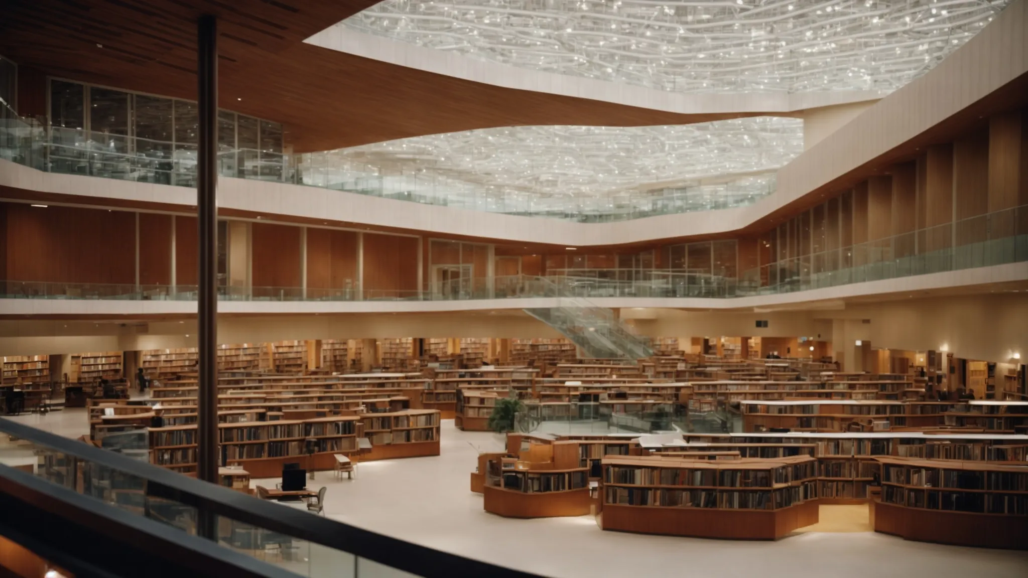 a vast library filled with books on mathematics and computer science adjacent to a modern computer lab where researchers are visibly engaged in developing software.