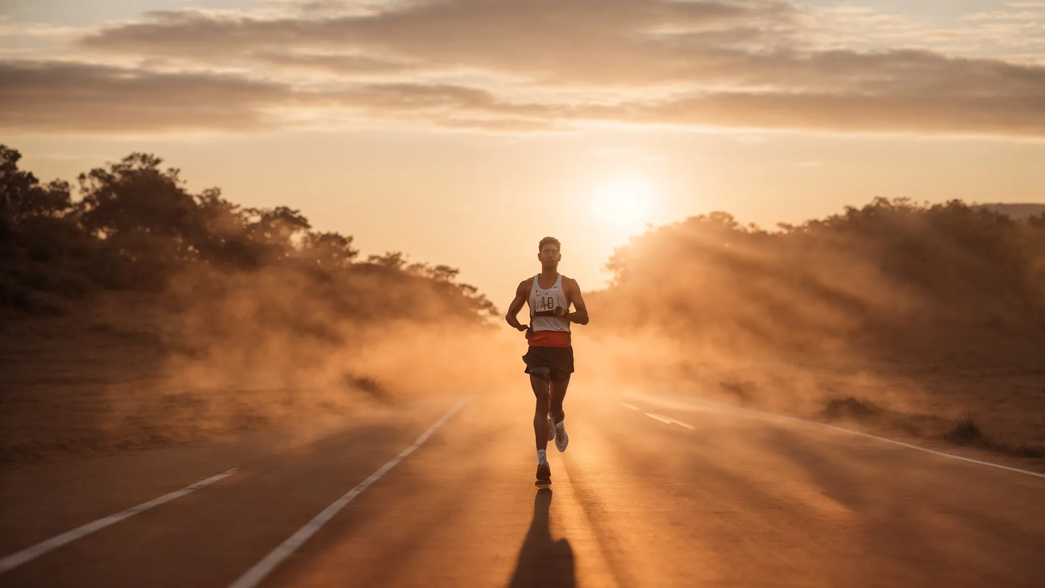 a lone runner crosses the finish line at sunrise, embodying triumph through sheer determination.