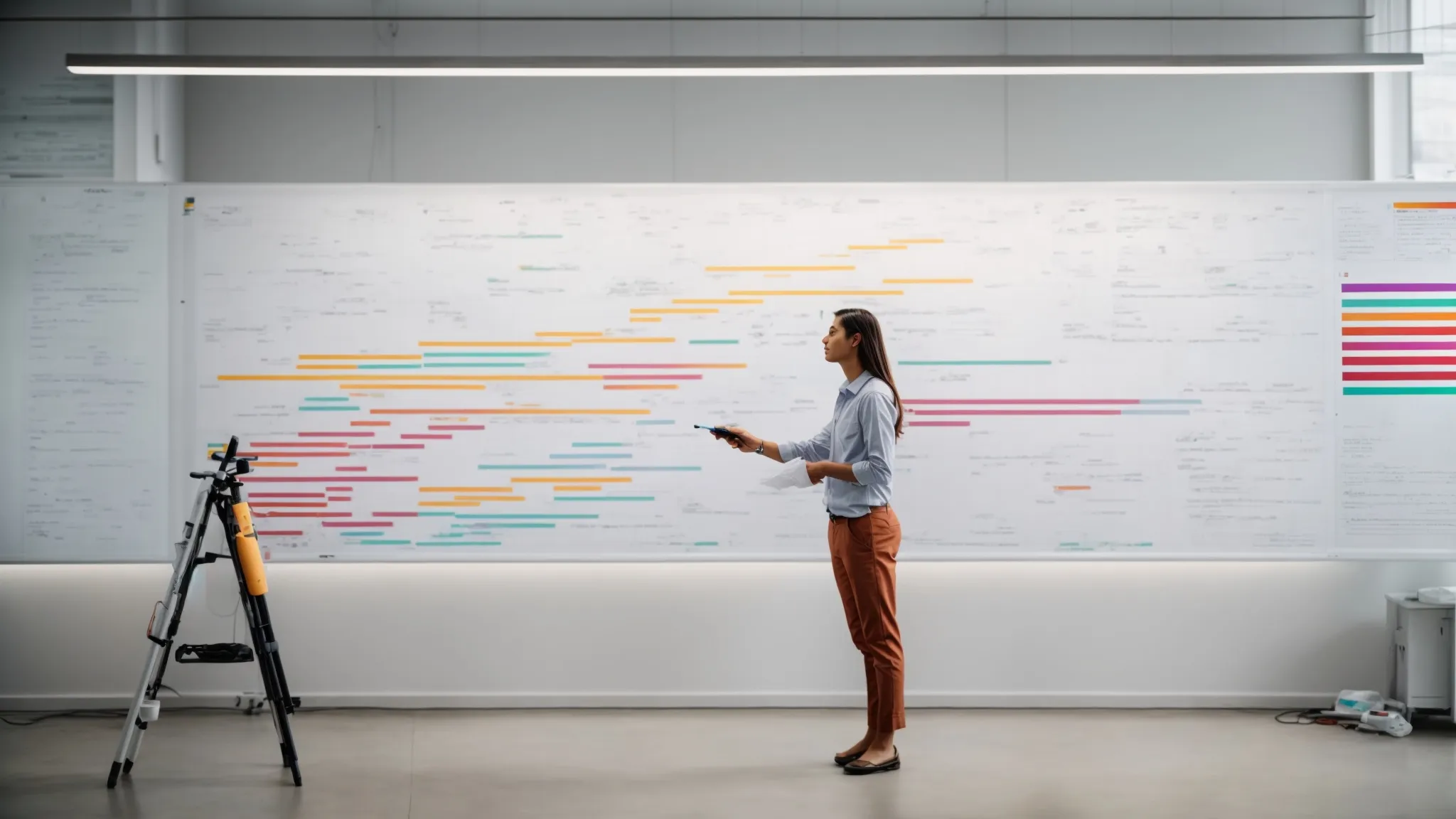 a person stands before a large whiteboard, plotting a roadmap with colorful markers, surrounded by tools and analytics charts.